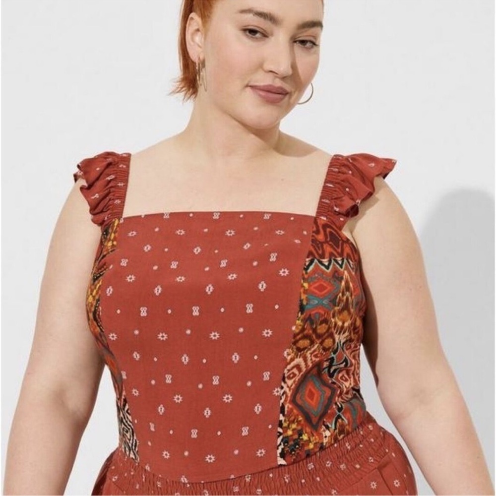 NWT Torrid Challis Smocked Ruffle Trim Crop Red Boho Tank Top size 3X